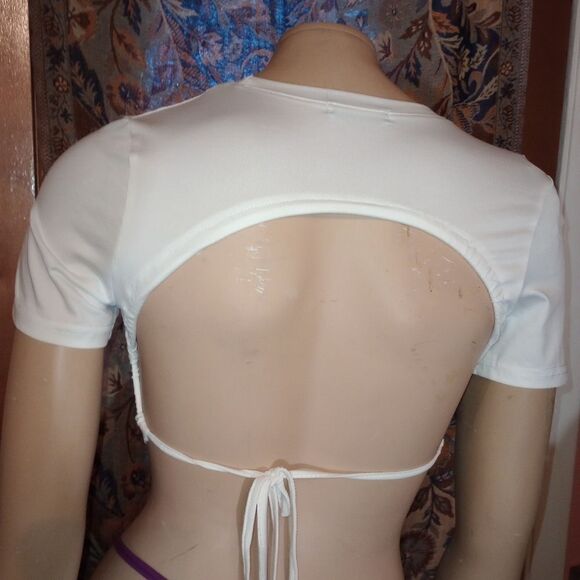 SHEIN white short sleeve crop top;ties in the back, size small - Picture 4 of 5
